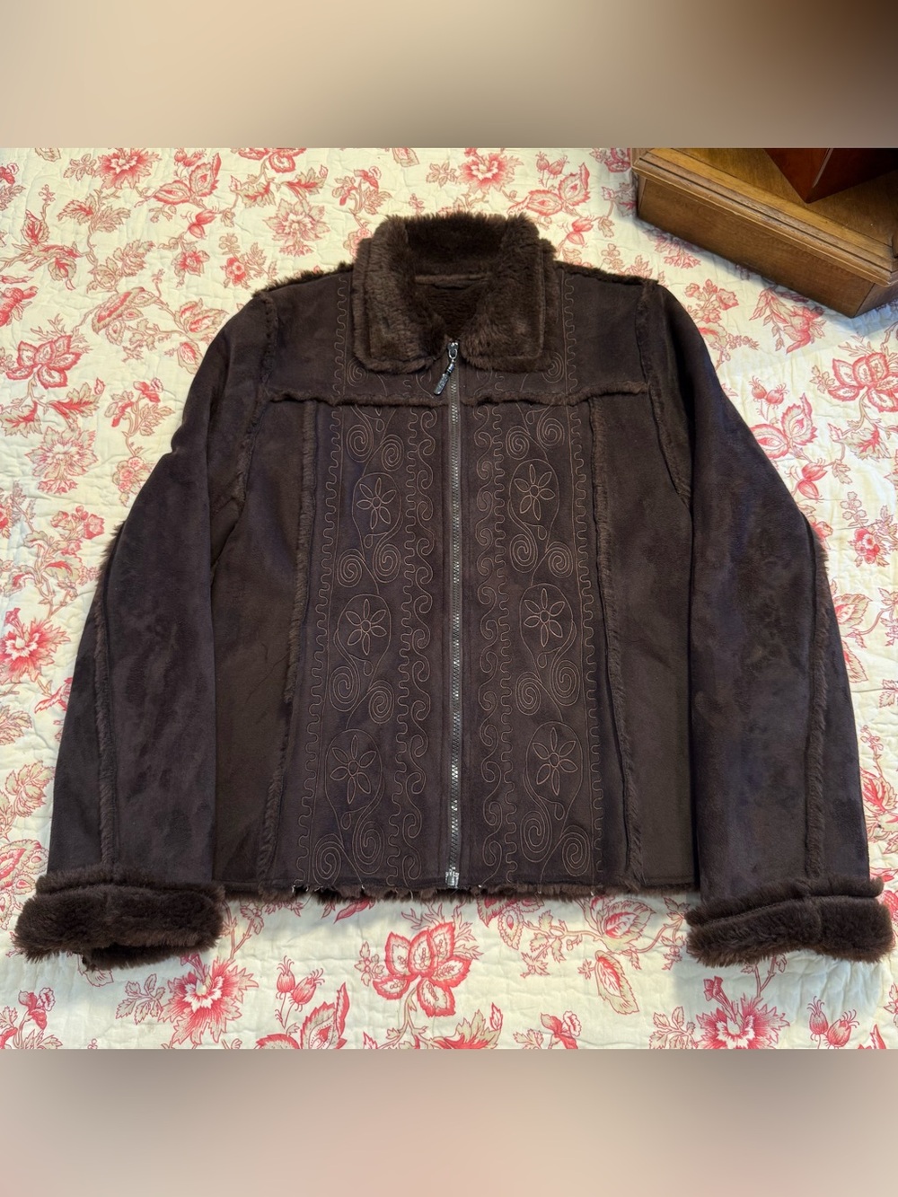 Beautiful Dark Brown Faux Suede Zip Front Jacket with Faux Fur Collar